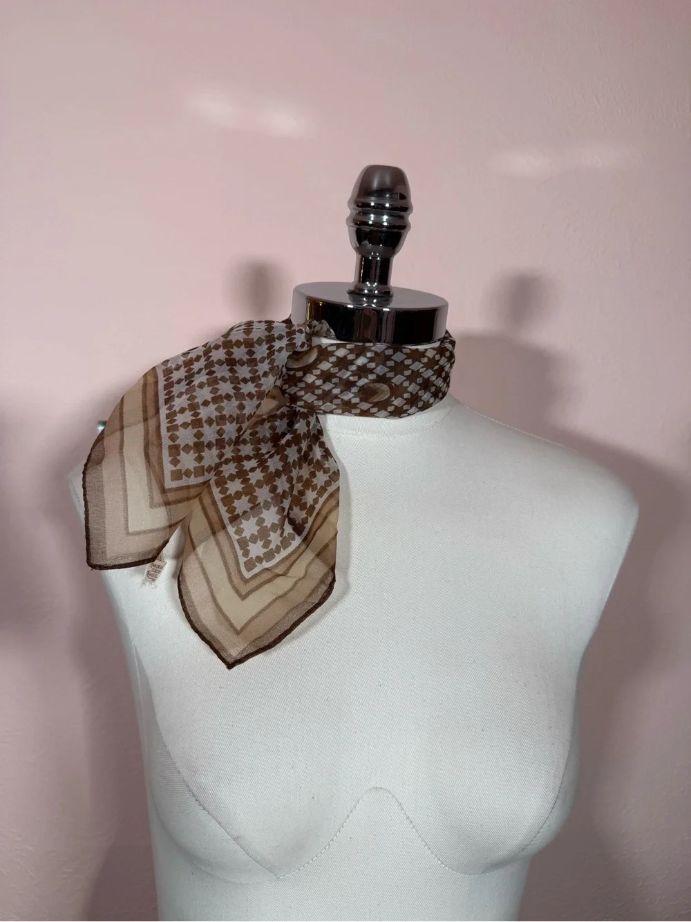 Vintage camel brown semi sheer star rattan art deco neckerchief square scarf
